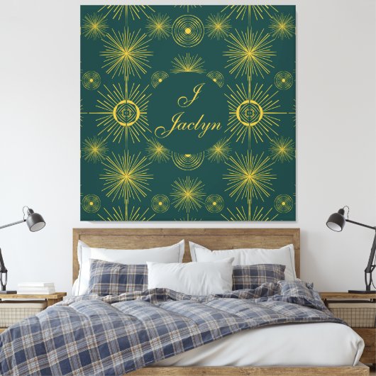 Boho Celestial Sun Stars Gepersonaliseerd Blauwgro Canvas Afdruk (Insitu (Slaapkamer))