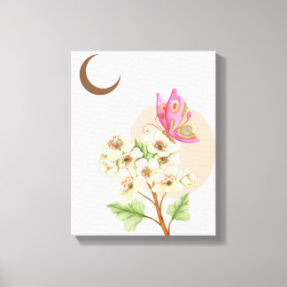 Boho Celestial Waterverf Vlinder & Witte Bloemen Canvas Afdruk