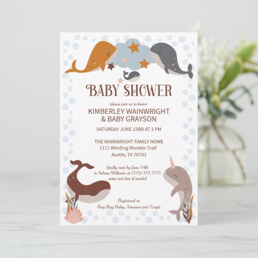 Boho Celestial Whales Star Baby shower Uitnodiging (Staand voorkant)