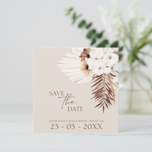 Boho Champagne White Pampas Grass Wedding Save The Date (Staand voorkant)