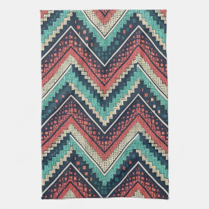 Boho Chevron Pattern Blauwgroen, Koraal & Crème Theedoek