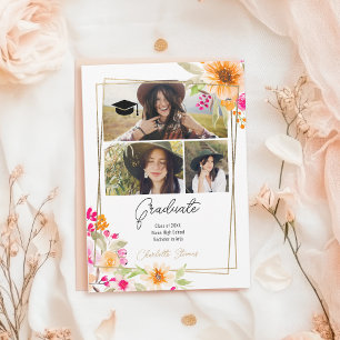 Boho Chic 3 Foto Waterverf Floral Afstuderen Aankondiging