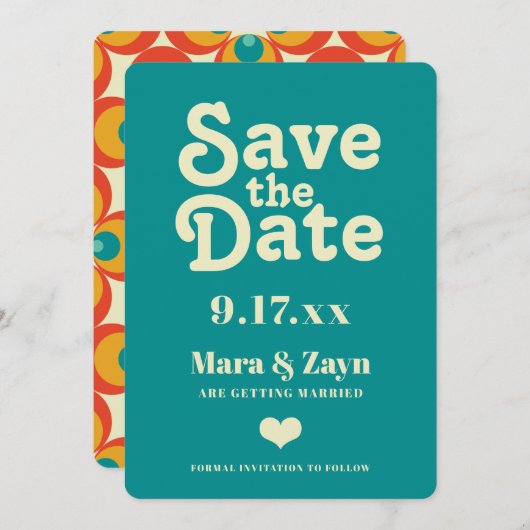 Boho Chic 70's Retro Blauwgroen Opslaan Datum Aankondiging (Voorkant / Achterkant)