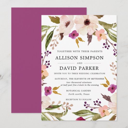 Boho Chic | Aquarelle Faire-part de mariage floral (Devant / Derrière)