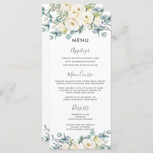 Boho Chic Blanc Floral Eucalyptus Menu Mariage (Devant / Derrière)