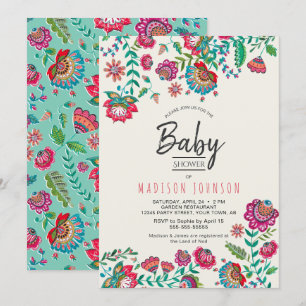 Boho Chic   Blauw   Folk Flowers   BABY SHOWER Kaart