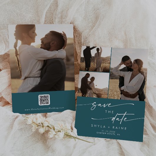 Boho Chic Blauwgroen Blauw Multi Foto QR Code Save The Date