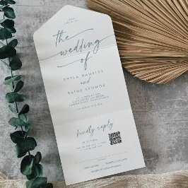 Boho Chic Blauwgroen en Wit QR Code Mail In Bruilo All In One Uitnodiging