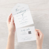 Boho Chic Blauwgroen en Wit QR Code Mail In Bruilo All In One Uitnodiging (Afscheurbaar)