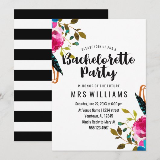 Boho Chic Bloemen Bachelorette Party Uitnodiging (Voorkant / Achterkant)