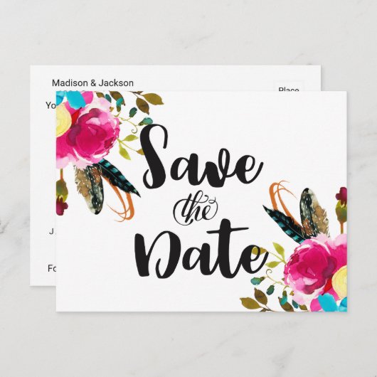 Boho Chic Bloemen Waterverf Bruiloft Save the Date Aankondigingskaart (Voorkant / Achterkant)