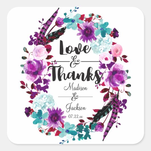 Boho Chic Bloemenkrans Paarse Liefde & Bedankt Fav Vierkante Sticker (Voorkant)