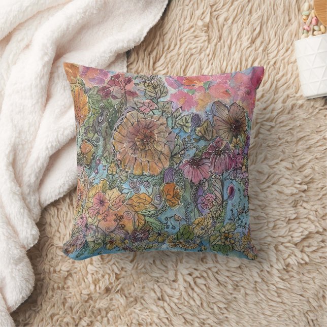 Boho Chic Bloementuin Aquarel Schilderij  Kussen (Deken)