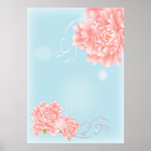 boho chic blue waterverf bloemroze bloemen poster (Voorkant)