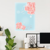 boho chic blue waterverf bloemroze bloemen poster (Thuiskantoor)