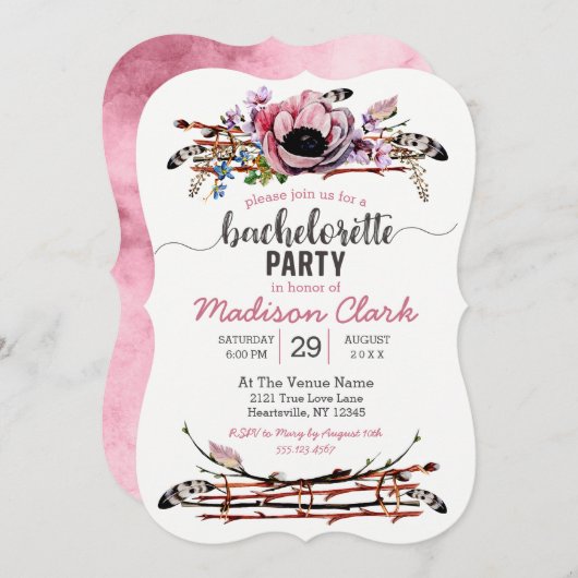 Boho Chic Blush Pink Bachelorette Party Invitation (Devant / Derrière)