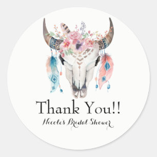 Boho Chic Bohemian Feathers & Koe Skull Party Ronde Sticker