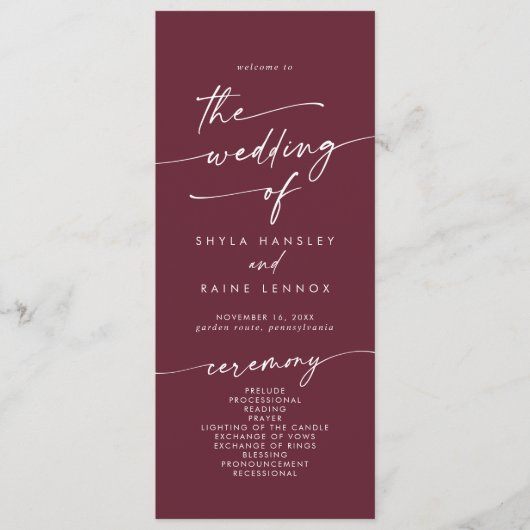 Boho chic bordeaux rode thee lengte bruiloft programma (Voorkant)