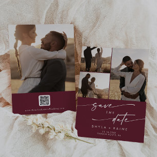 Boho chic bordeaux rood multi foto QR code Save The Date