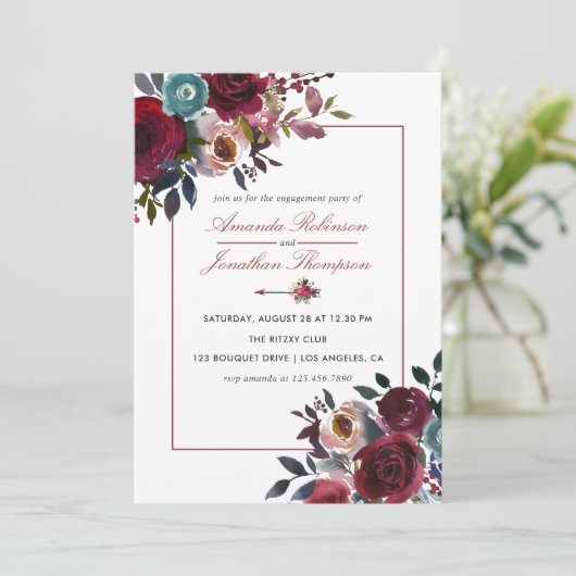 Boho Chic Burgundy and Navy Autumn Fall Wedding Kaart (Staand voorkant)