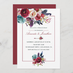 Boho Chic Burgundy and Navy Autumn Fall Wedding Kaart