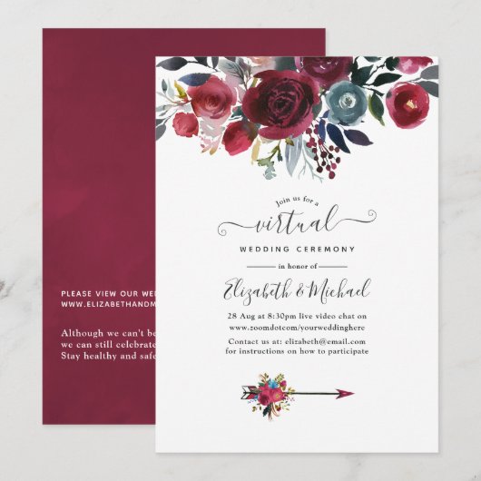 Boho Chic Burgundy and Navy floral Virtual Wedding Kaart (Voorkant / Achterkant)