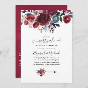 Boho Chic Burgundy and Navy floral Virtual Wedding Kaart