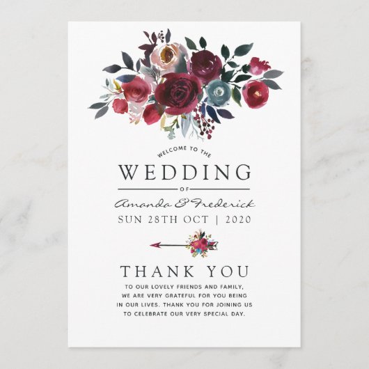 Boho Chic Burgundy and Navy floral Wedding Programma (Voorkant)