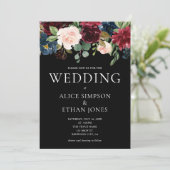 Boho Chic Burgundy Blue Flowers Wedding Kaart (Staand voorkant)