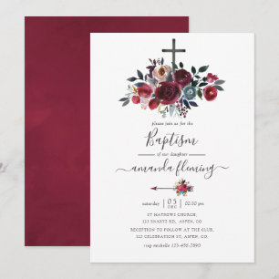Boho Chic Burgundy en Navy Bloemend Baptism Kaart