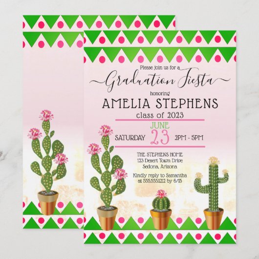 Boho Chic Cactus Fiesta Afstudeerfeest Kaart (Voorkant / Achterkant)