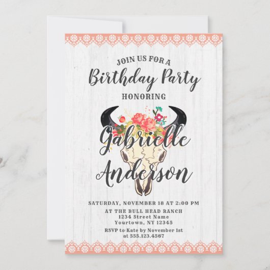 Boho Chic Cow Crâne Anniversaire Fête Invitation (Devant)