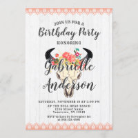 Boho Chic Cow Crâne Anniversaire Fête Invitation
