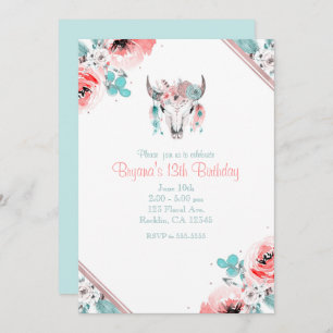 Boho Chic Cow Skull Floral Birthday Uitnodiging