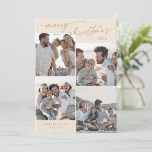 Boho Chic Cream Gold Xmas Foto Unieke Kerst Feestdagenkaart (Staand voorkant)