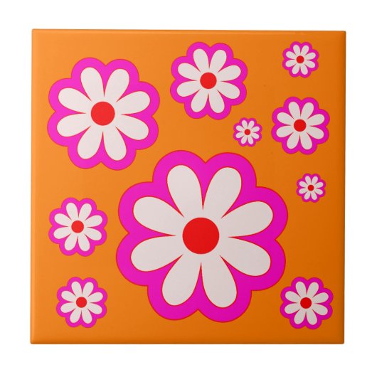 BOHO Chic Daisy Pattern Roze & Sinaasappel Retro B Tegeltje (Voorkant)