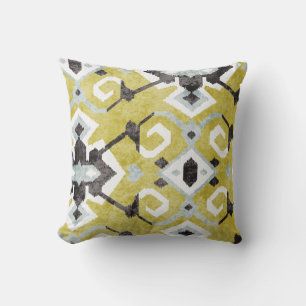 Boho chic dark grijs en yellow ikat tribal patroon kussen