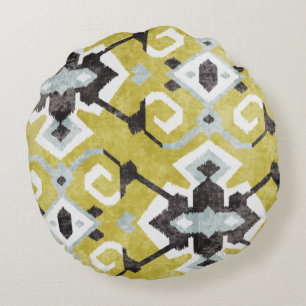 Boho chic dark grijs en yellow ikat tribal patroon rond kussen