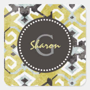Boho chic dark grijs en yellow ikat tribal patroon vierkante sticker