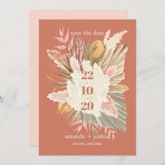 Boho Chic Desert Dried Foliage and Pampas Wedding Save The Date (Voorkant / Achterkant)