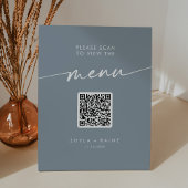 Boho Chic Dusty Blue QR Code Bruiloft Menu Reclamebord Met Voetstuk