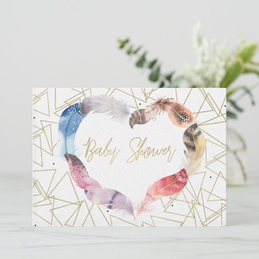 Boho Chic Feather Coeur Bébé Douche Invitations (Debout devant)