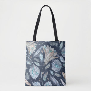 Boho Chic Feathers Flowers: Waterverf Donkerblauw Draagtas