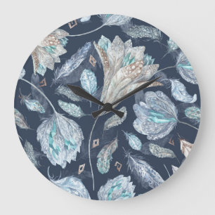 Boho Chic Feathers Flowers: Waterverf Donkerblauw  Grote Klok