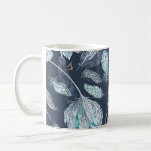 Boho Chic Feathers Flowers: Waterverf Donkerblauw Koffiemok