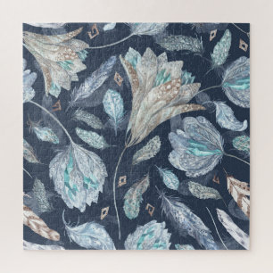 Boho Chic Feathers Flowers: Waterverf Donkerblauw Legpuzzel