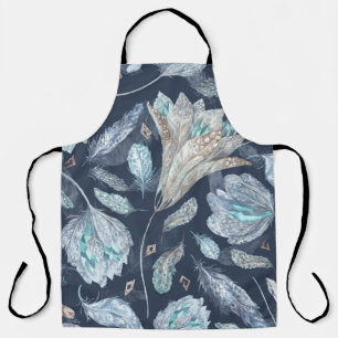 Boho Chic Feathers Flowers: Waterverf Donkerblauw  Schort