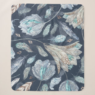 Boho Chic Feathers Flowers: Waterverf Donkerblauw Sherpa Deken