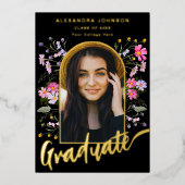 Boho Chic Floral Afstuderen Fotoboog Script Goud Folie Uitnodiging (Voorkant)