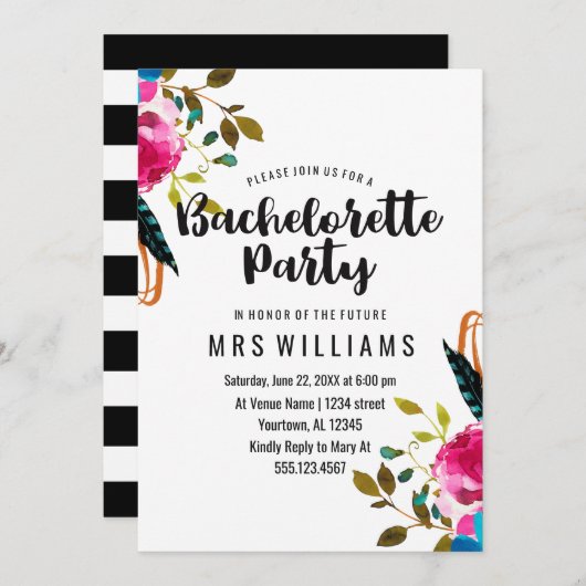 Boho Chic Floral Bachelorette Party Invitation (Devant / Derrière)